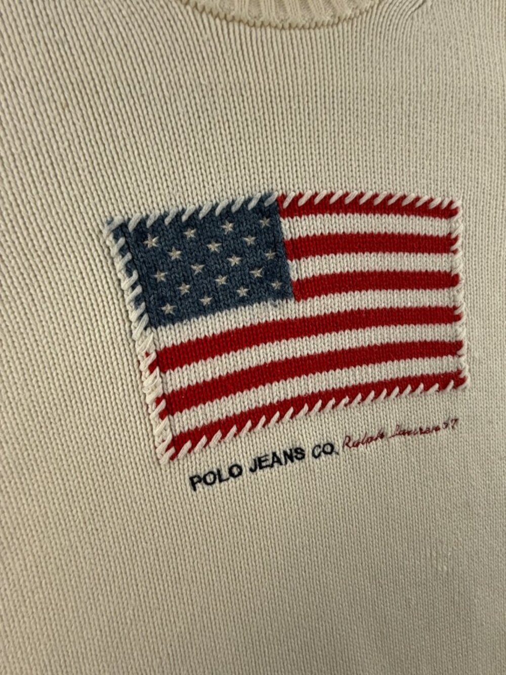 Polo Jeans Co Ralph Lauren Flag Sweater Knit Graphic Pullover Ivory Patriotic - Picture 2 of 16